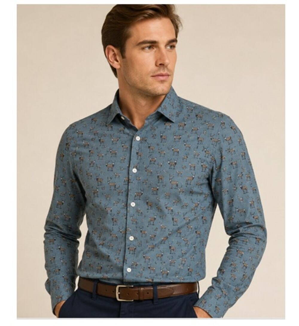 Culturata Italy Deer Print Button Shirt Men M 15 3/4 Blue Gray Tailored Fit